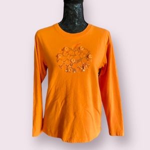 Rose and Sequined Pumpkin Long Sleeve Orange Tee